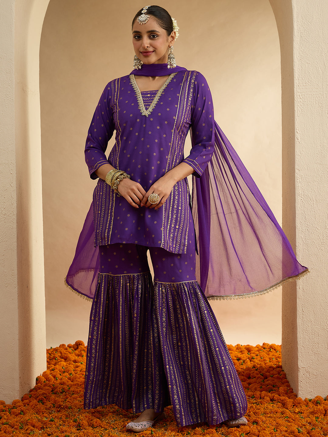 Janasya Women's Purple Rayon Gold Foil Printed Kurta with Sharara and Dupatta Set