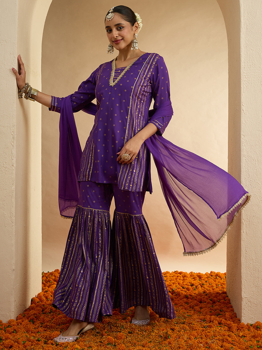 Janasya Women's Purple Rayon Gold Foil Printed Kurta with Sharara and Dupatta Set