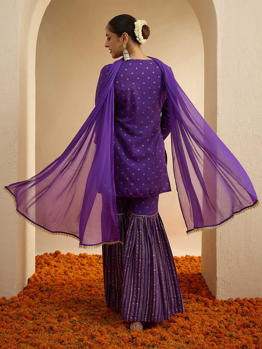 Janasya Women's Purple Rayon Gold Foil Printed Kurta with Sharara and Dupatta Set