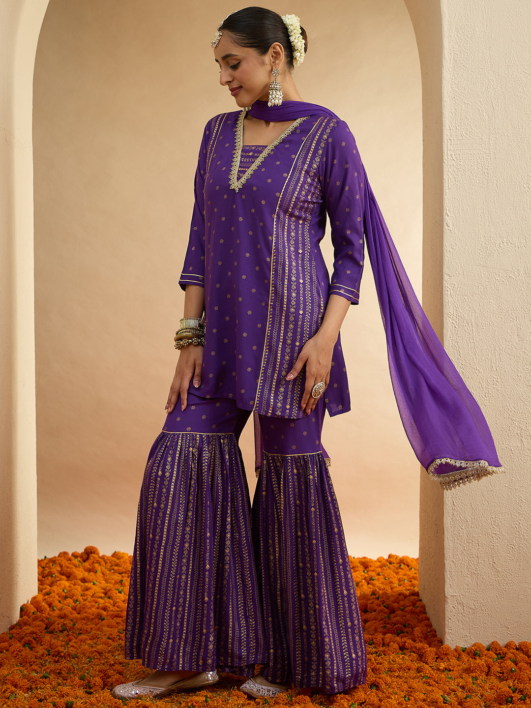 Janasya Women's Purple Rayon Gold Foil Printed Kurta with Sharara and Dupatta Set
