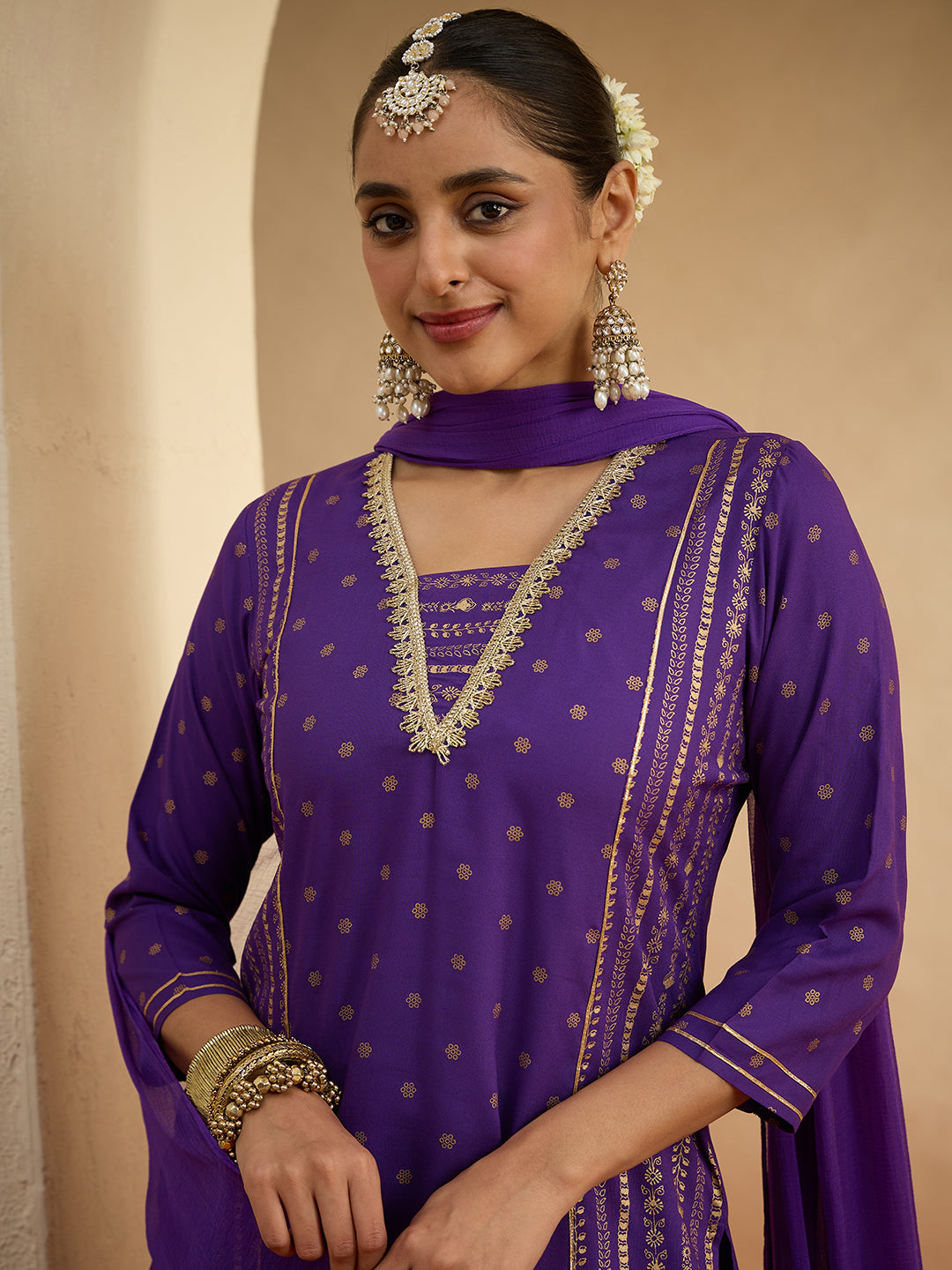Janasya Women's Purple Rayon Gold Foil Printed Kurta with Sharara and Dupatta Set