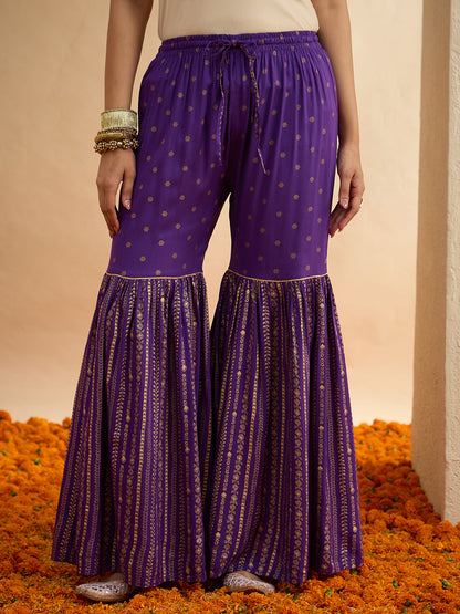 Janasya Women's Purple Rayon Gold Foil Printed Kurta with Sharara and Dupatta Set