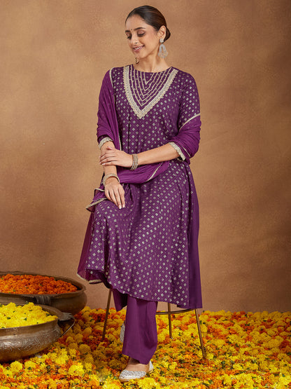 Janasya Women's Purple Rayon Embellished Gold Printed Anarkali Kurta Set