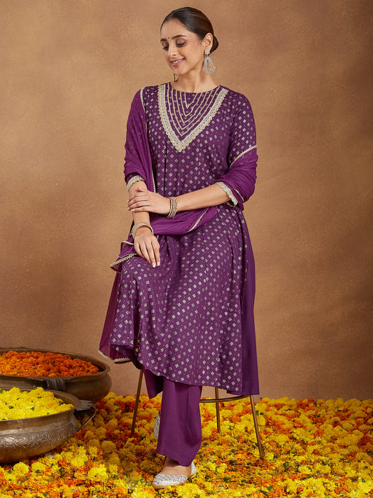 Janasya Women's Purple Rayon Embellished Gold Printed Anarkali Kurta Set