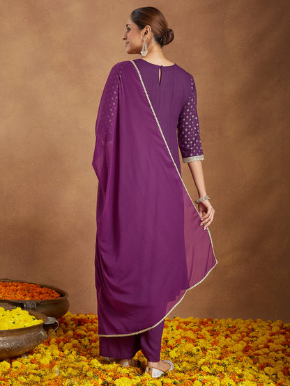Janasya Women's Purple Rayon Embellished Gold Printed Anarkali Kurta Set
