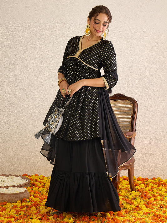 Janasya Women's Black Rayon Foil Printed A-Line Kurta with Sharara and Dupatta Set