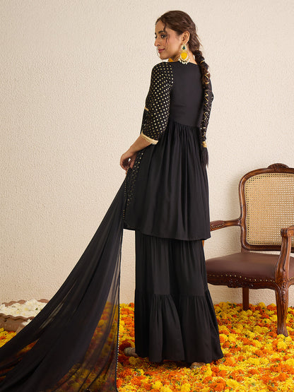 Janasya Women's Black Rayon Foil Printed A-Line Kurta with Sharara and Dupatta Set