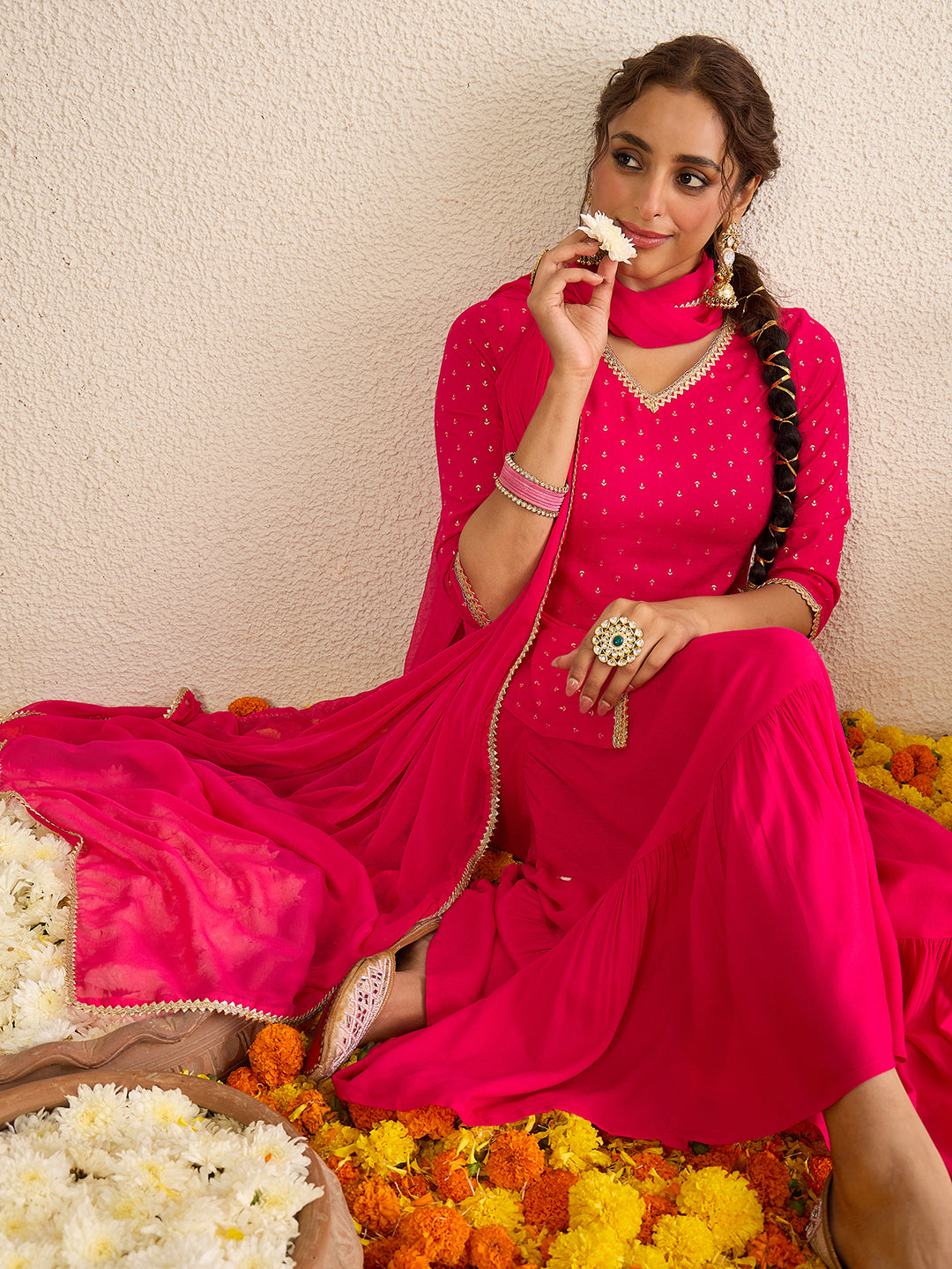 Janasya Women's Pink Rayon Embellished Gold Foil Printed Straight Kurta with Sharara and Dupatta Set