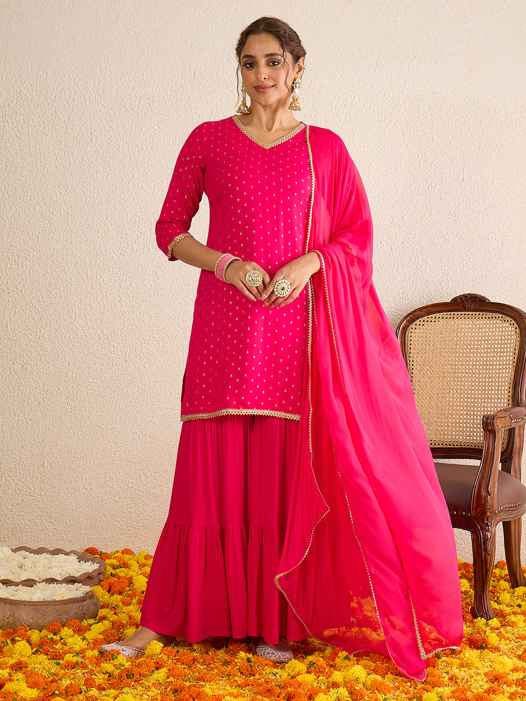 Janasya Women's Pink Rayon Embellished Gold Foil Printed Straight Kurta with Sharara and Dupatta Set
