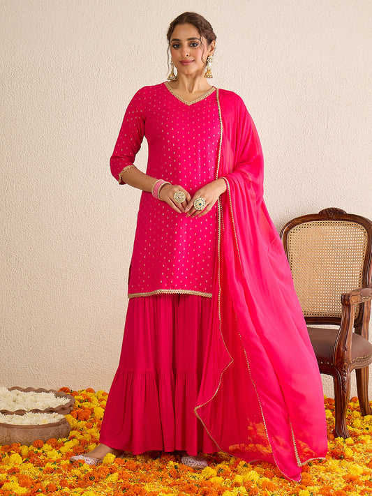 Janasya Women's Pink Rayon Embellished Gold Foil Printed Straight Kurta with Sharara and Dupatta Set