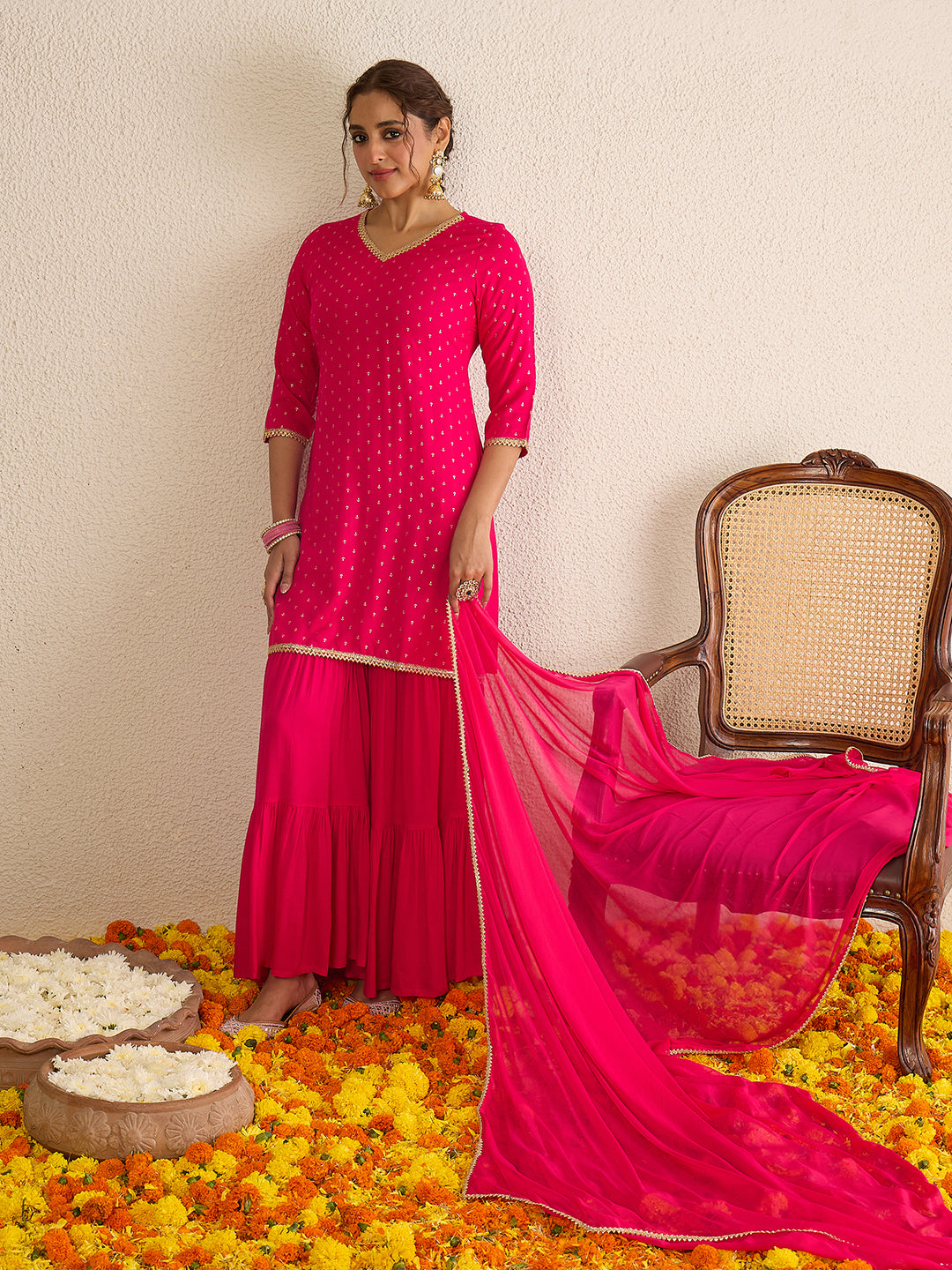 Janasya Women's Pink Rayon Embellished Gold Foil Printed Straight Kurta with Sharara and Dupatta Set