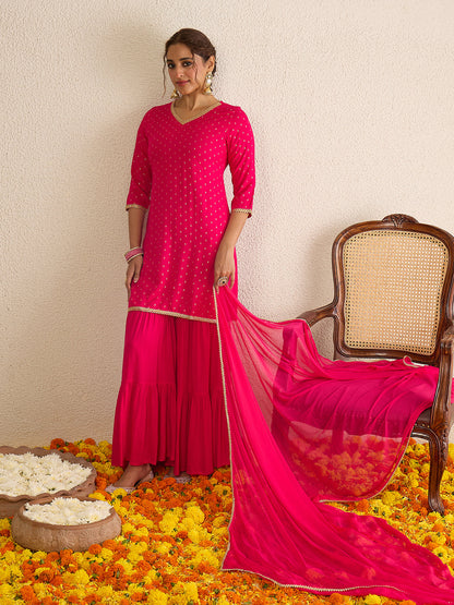Janasya Women's Pink Rayon Embellished Gold Foil Printed Straight Kurta with Sharara and Dupatta Set