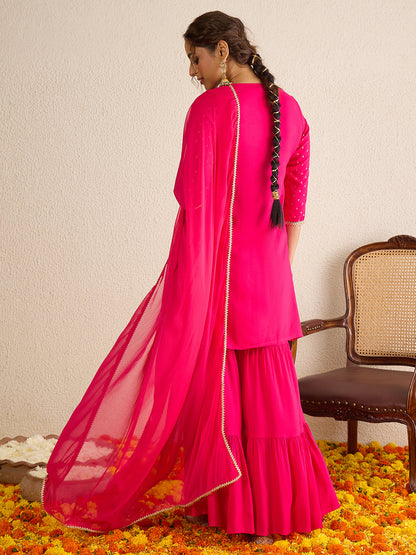 Janasya Women's Pink Rayon Embellished Gold Foil Printed Straight Kurta with Sharara and Dupatta Set