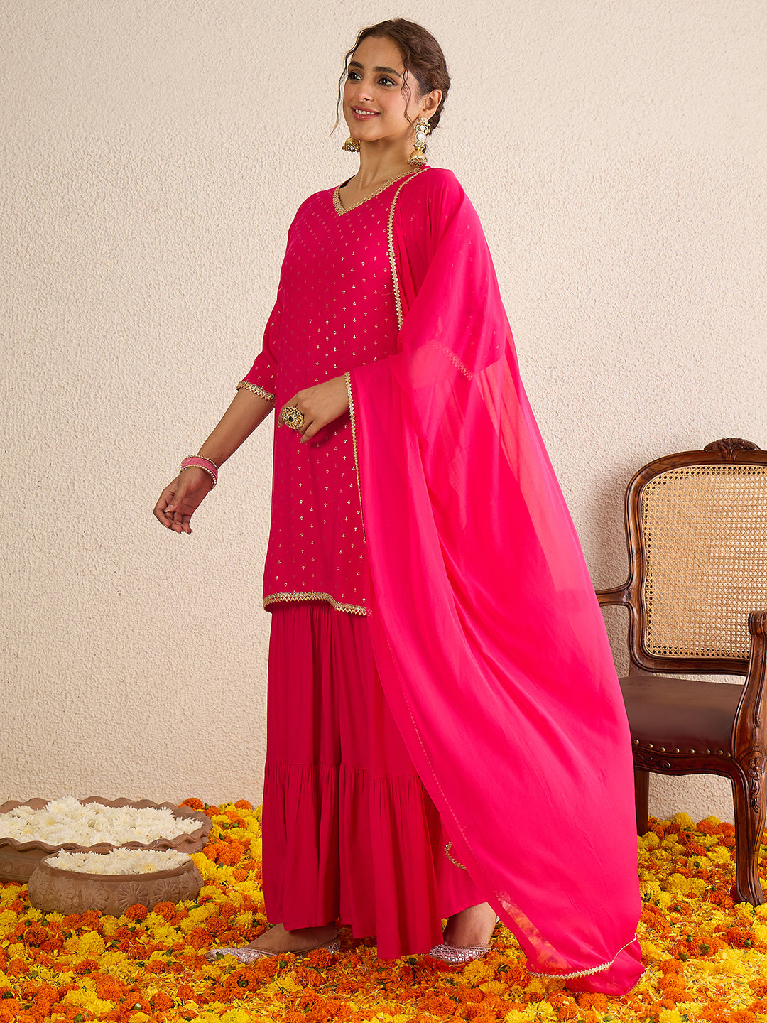 Janasya Women's Pink Rayon Embellished Gold Foil Printed Straight Kurta with Sharara and Dupatta Set