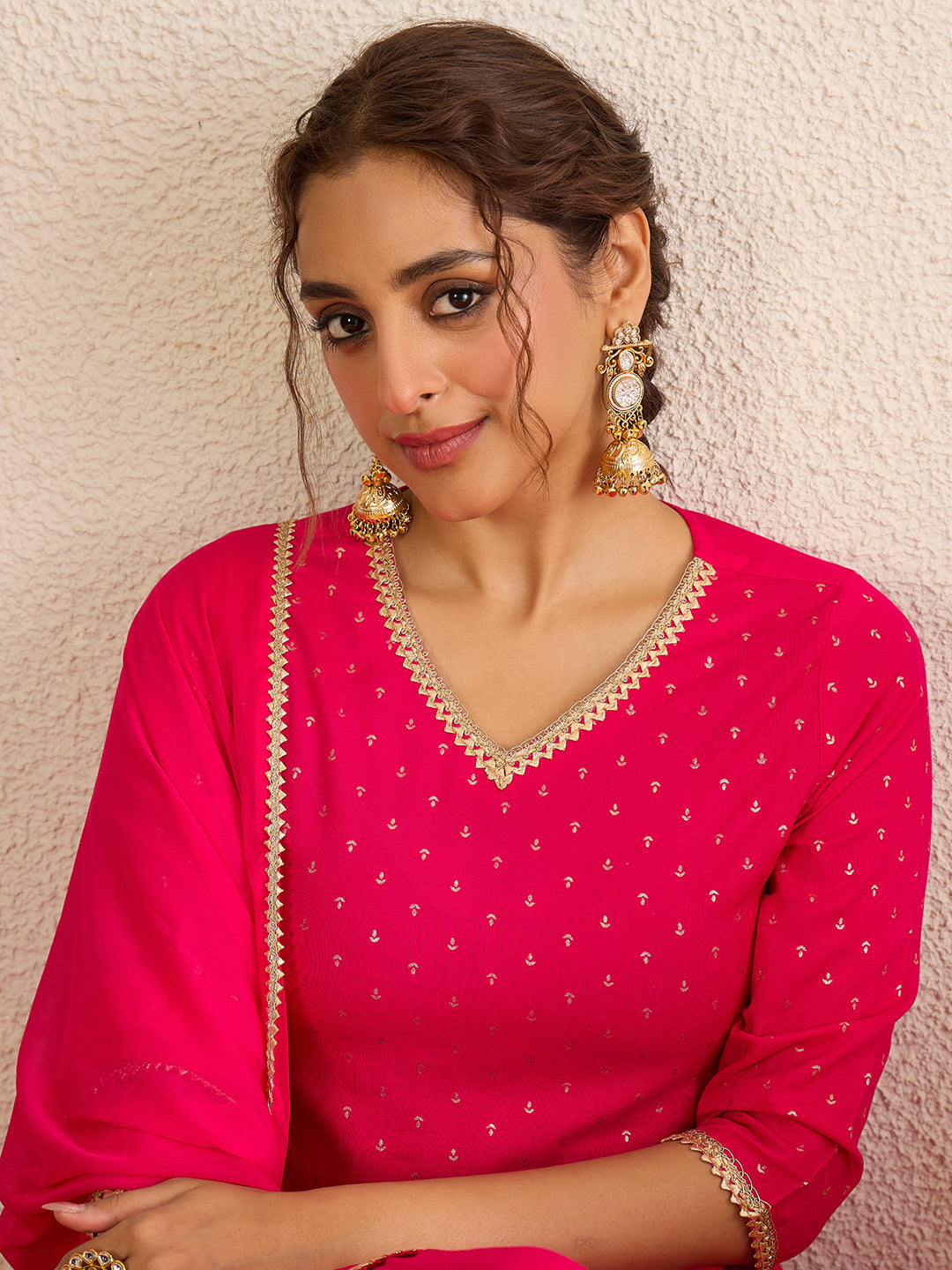 Janasya Women's Pink Rayon Embellished Gold Foil Printed Straight Kurta with Sharara and Dupatta Set