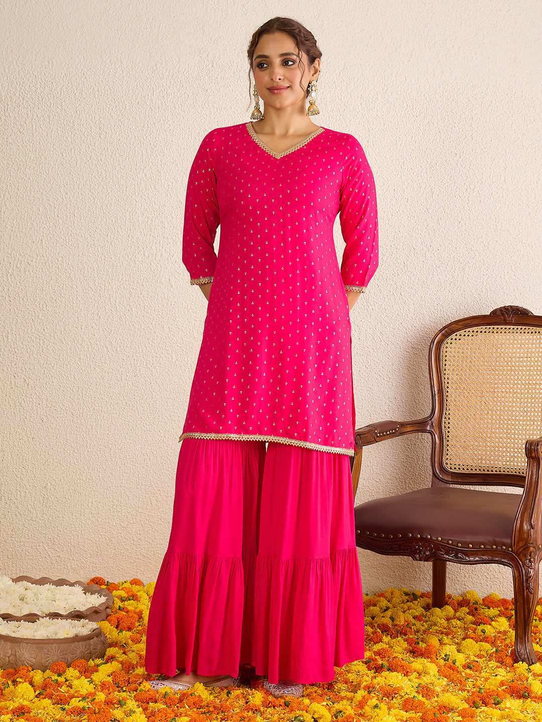 Janasya Women's Pink Rayon Embellished Gold Foil Printed Straight Kurta with Sharara and Dupatta Set