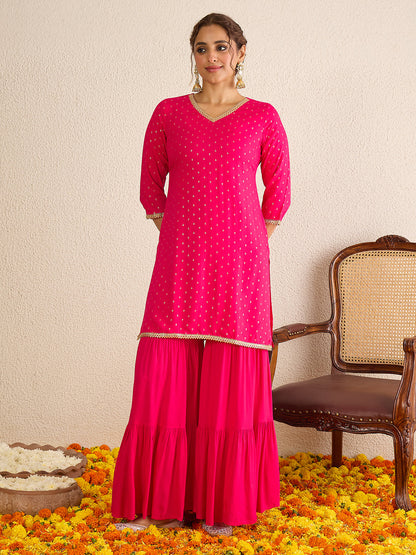 Janasya Women's Pink Rayon Embellished Gold Foil Printed Straight Kurta with Sharara and Dupatta Set
