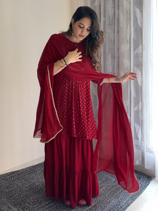 Janasya Women's Maroon Rayon Foil Printed Embellished A-line Kurta With Sharara & Dupatta Set