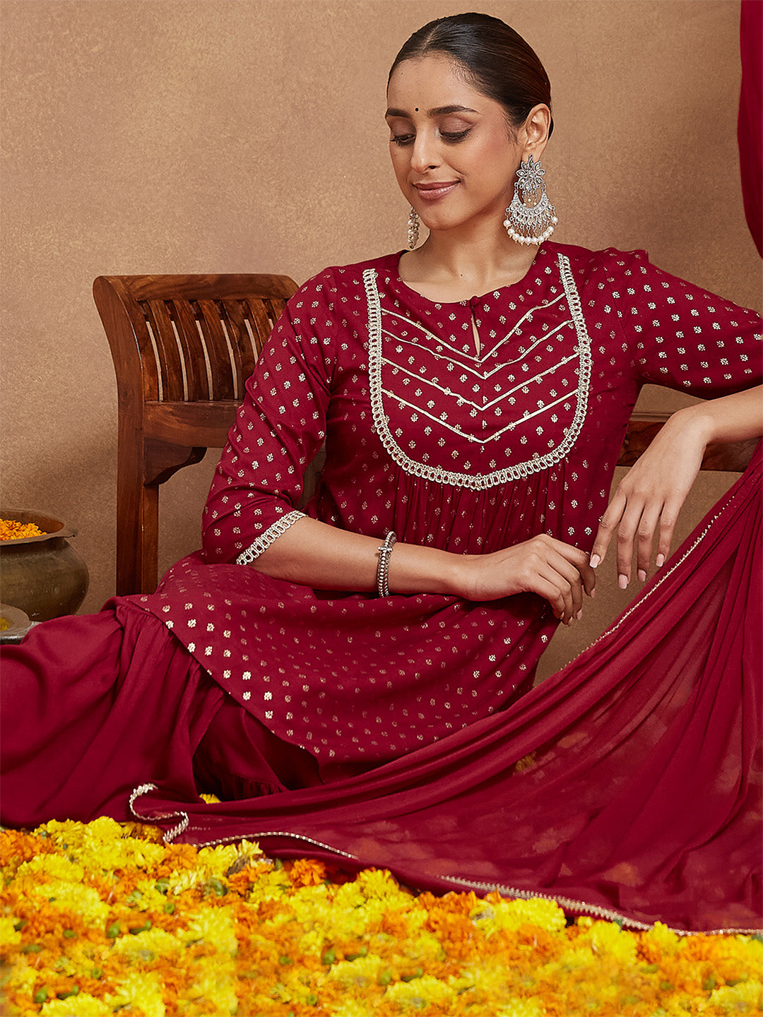 Janasya Women's Maroon Rayon Foil Printed Embellished A-line Kurta With Sharara & Dupatta Set
