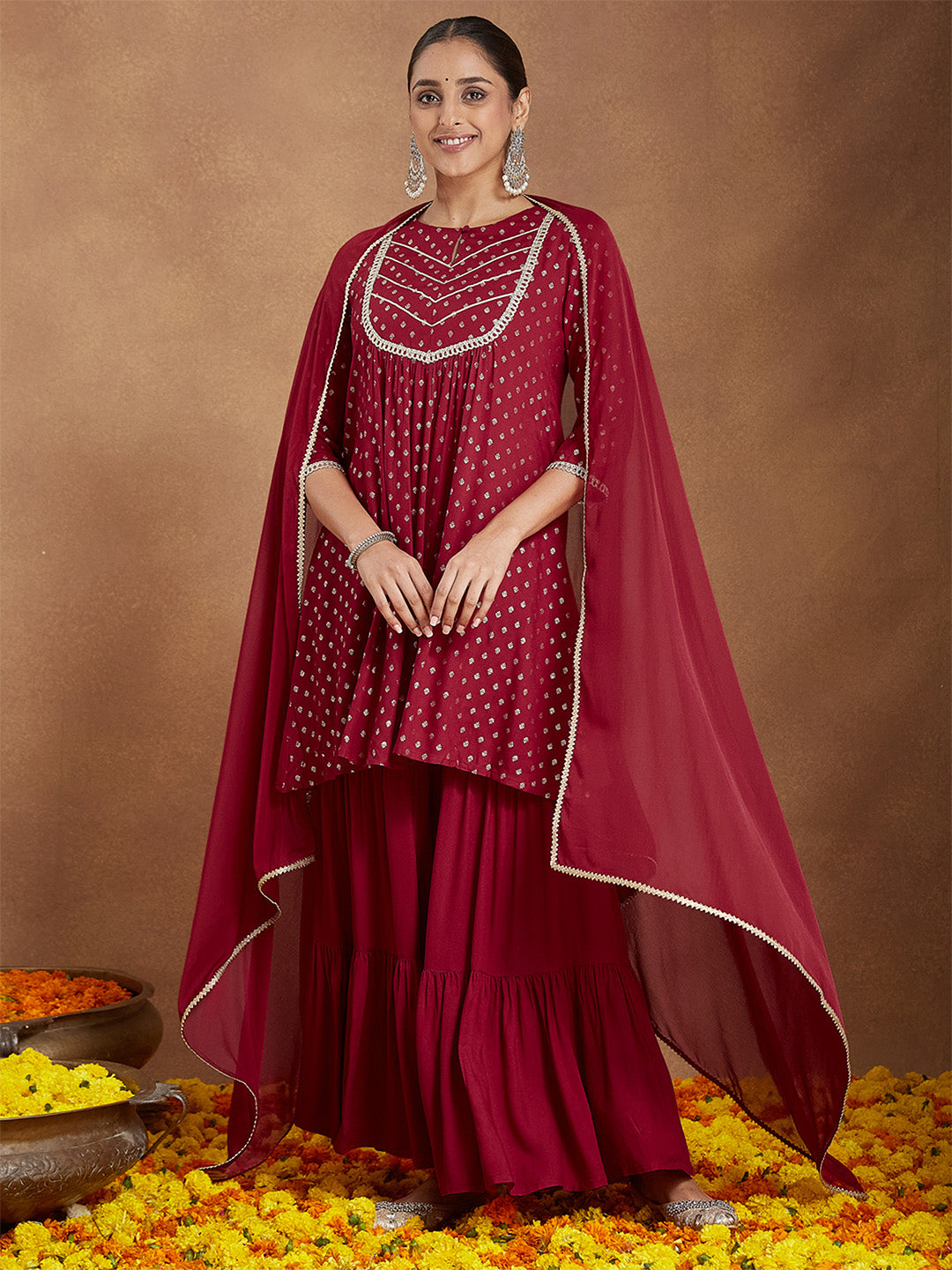 Janasya Women's Maroon Rayon Foil Printed Embellished A-line Kurta With Sharara & Dupatta Set