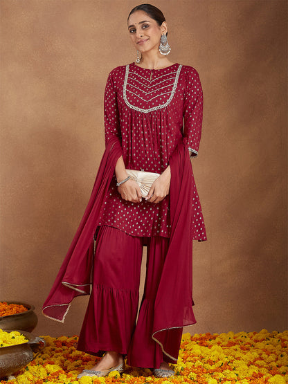 Janasya Women's Maroon Rayon Foil Printed Embellished A-line Kurta With Sharara & Dupatta Set
