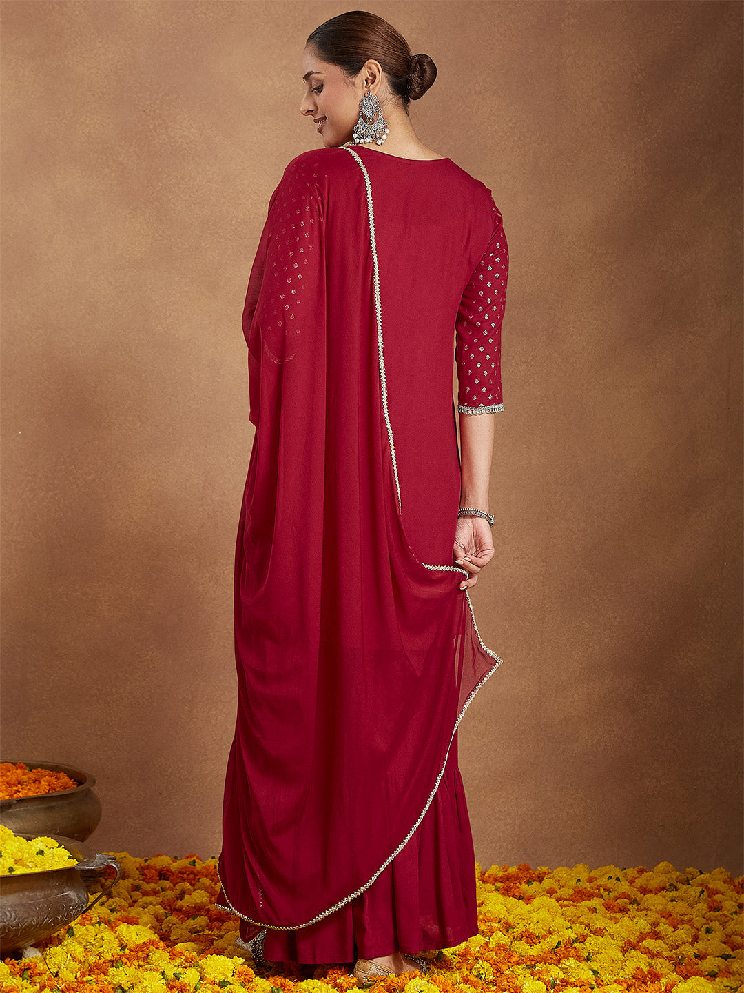 Janasya Women's Maroon Rayon Foil Printed Embellished A-line Kurta With Sharara & Dupatta Set