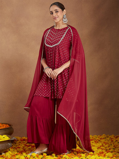 Janasya Women's Maroon Rayon Foil Printed Embellished A-line Kurta With Sharara & Dupatta Set