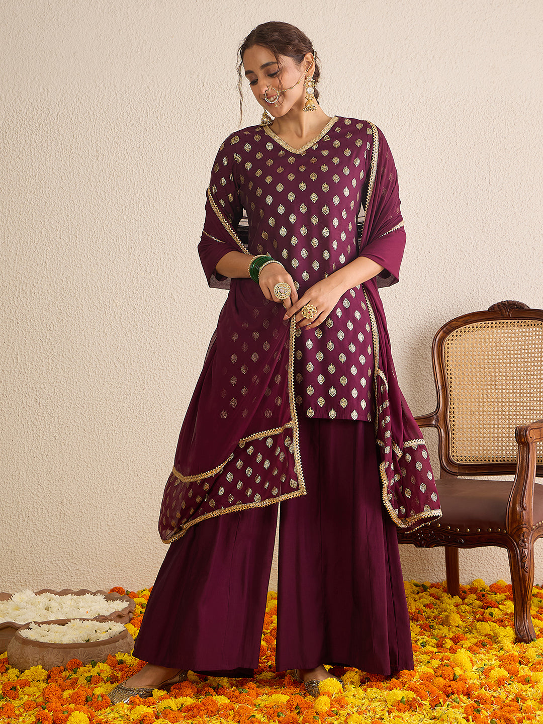 Janasya Women's Wine Chanderi Silk Embellished Gold Foil Printed Kurta with Sharara and Dupatta Set