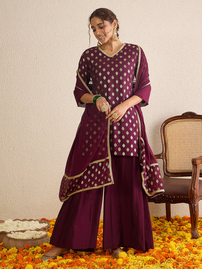 Janasya Women's Wine Chanderi Silk Embellished Gold Foil Printed Kurta with Sharara and Dupatta Set