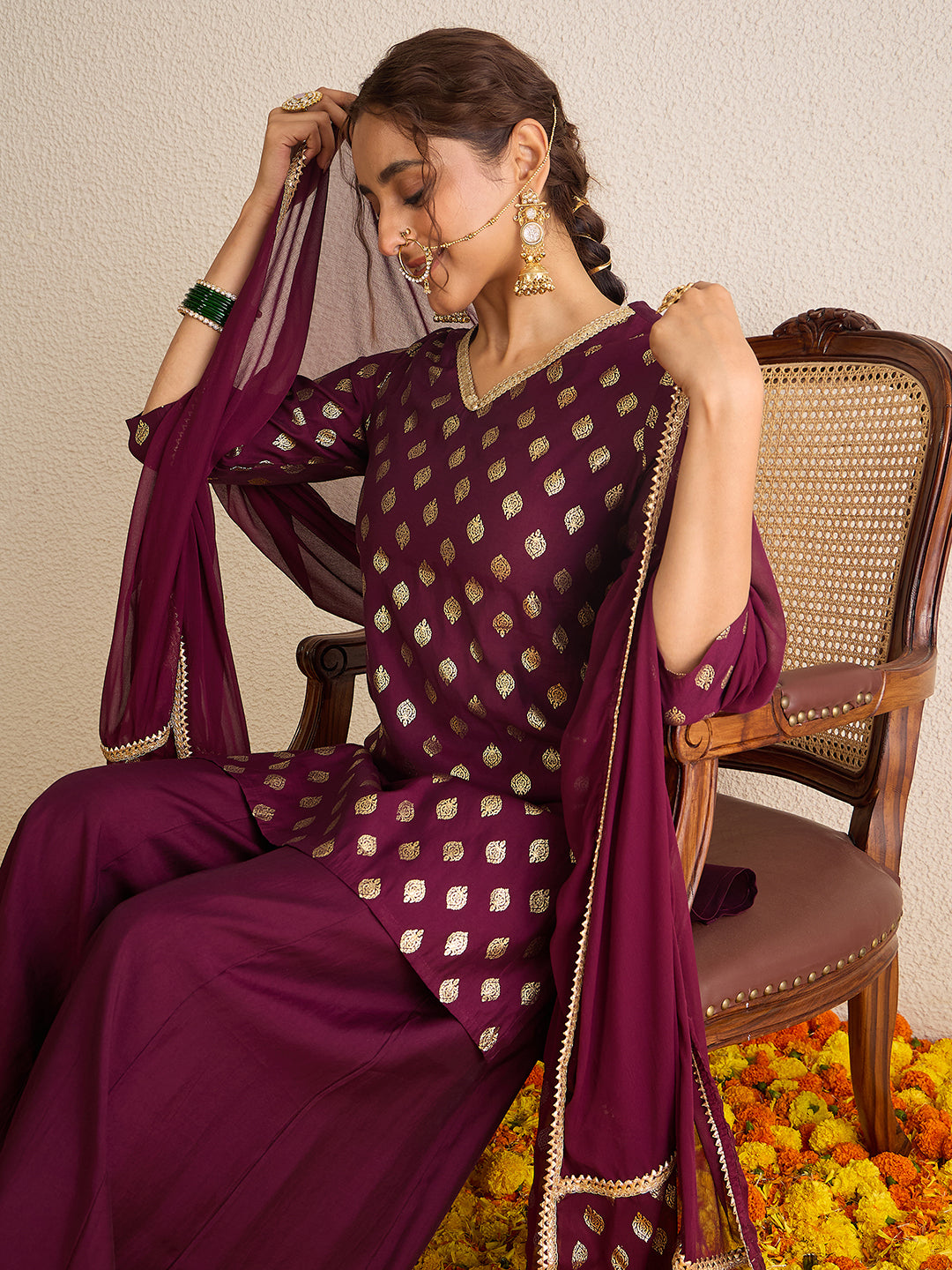 Janasya Women's Wine Chanderi Silk Embellished Gold Foil Printed Kurta with Sharara and Dupatta Set