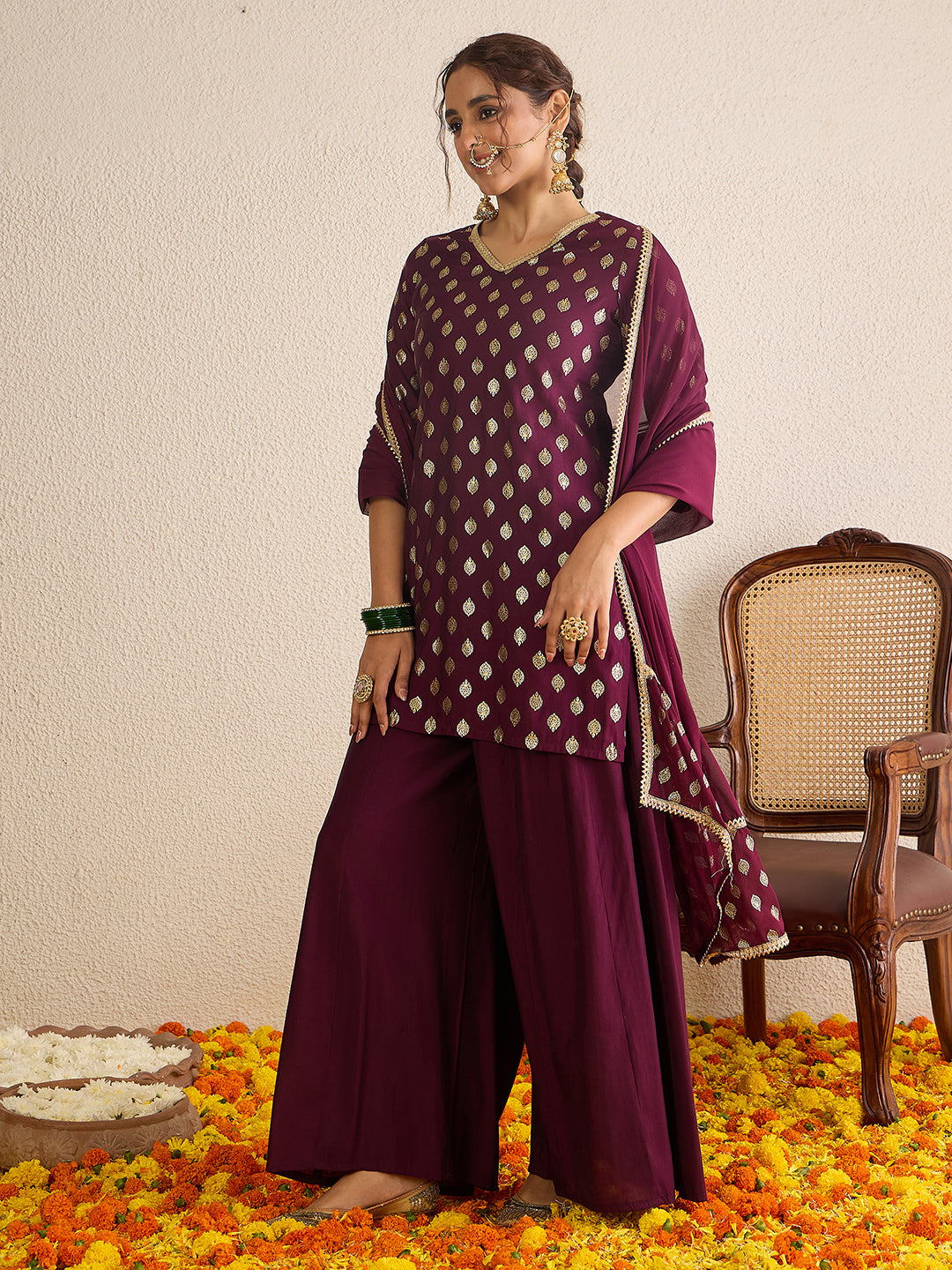 Janasya Women's Wine Chanderi Silk Embellished Gold Foil Printed Kurta with Sharara and Dupatta Set