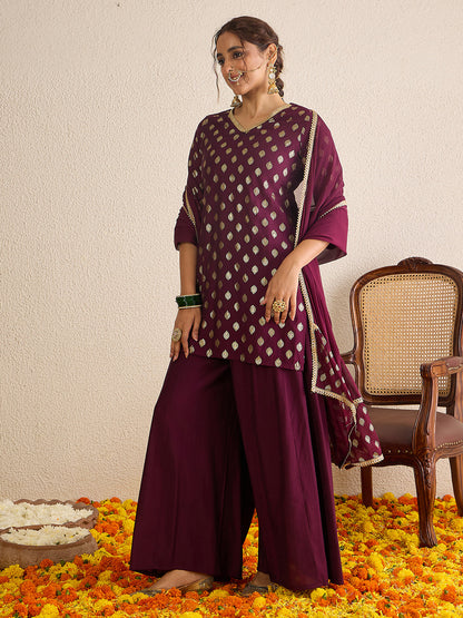 Janasya Women's Wine Chanderi Silk Embellished Gold Foil Printed Kurta with Sharara and Dupatta Set
