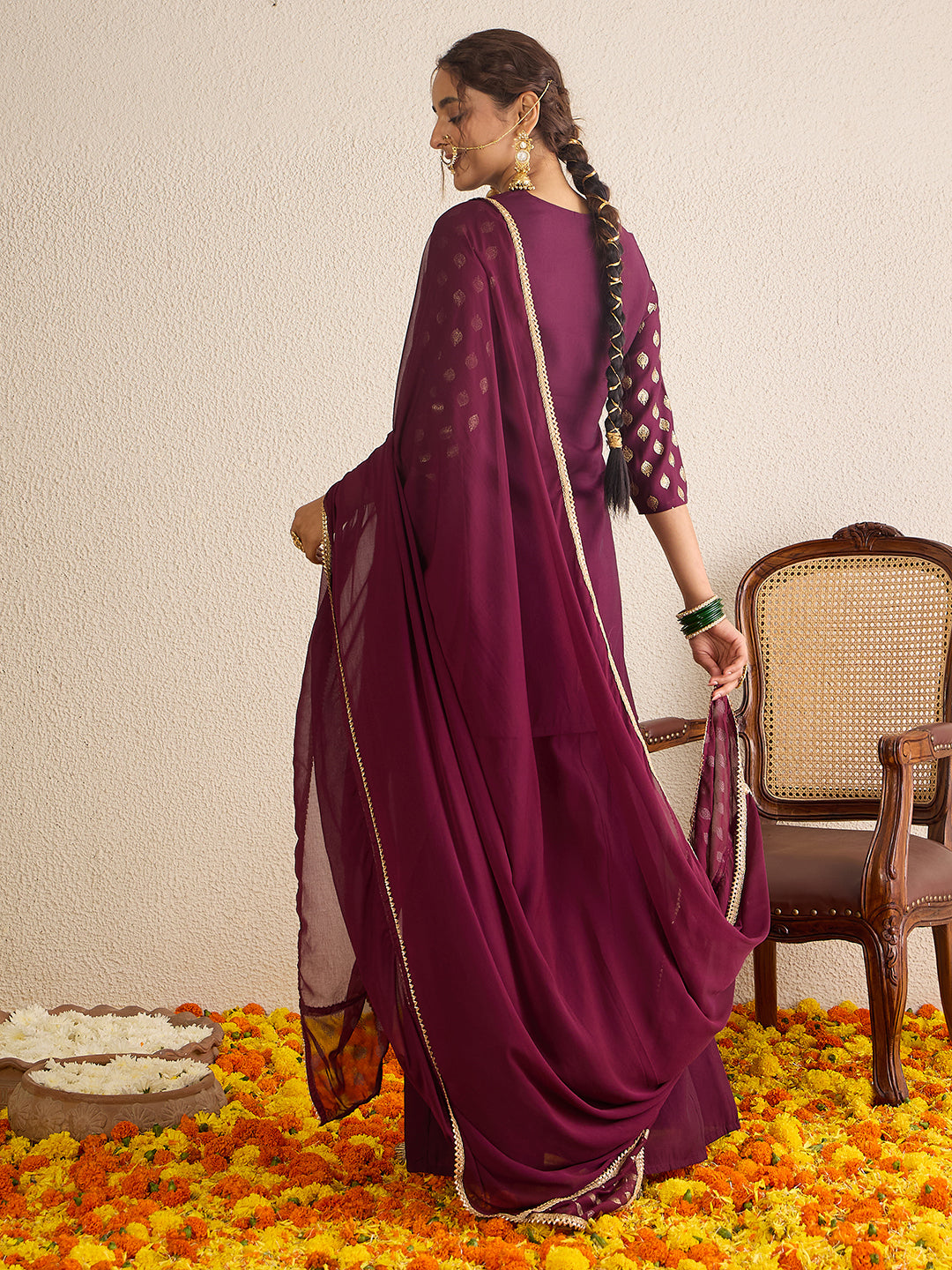 Janasya Women's Wine Chanderi Silk Embellished Gold Foil Printed Kurta with Sharara and Dupatta Set