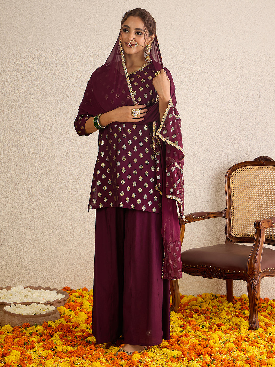 Janasya Women's Wine Chanderi Silk Embellished Gold Foil Printed Kurta with Sharara and Dupatta Set