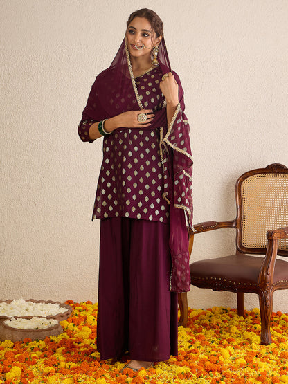 Janasya Women's Wine Chanderi Silk Embellished Gold Foil Printed Kurta with Sharara and Dupatta Set