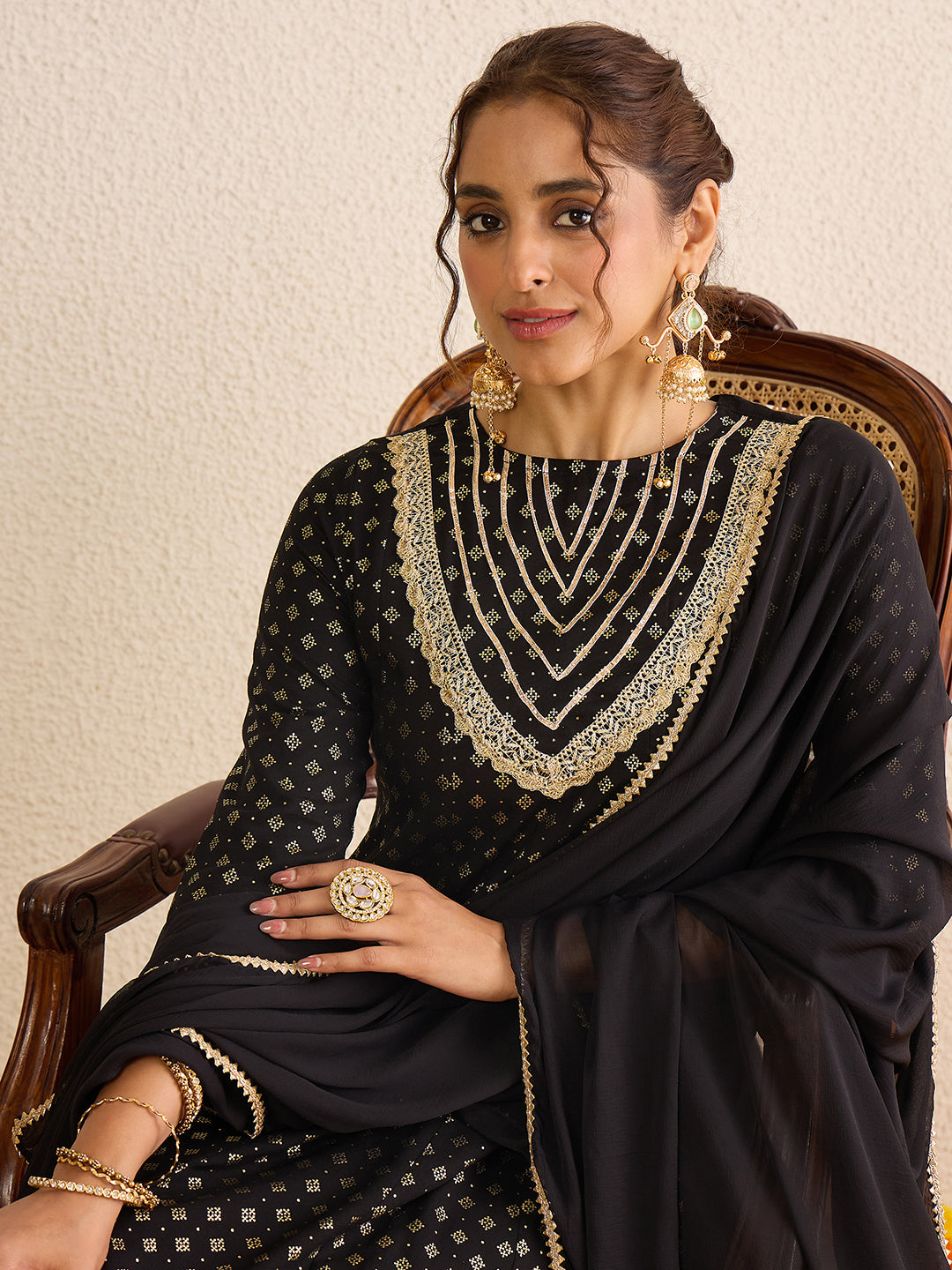Janasya Women's Black Rayon Embellished Gold Foil Printed Anarkali Kurta Set