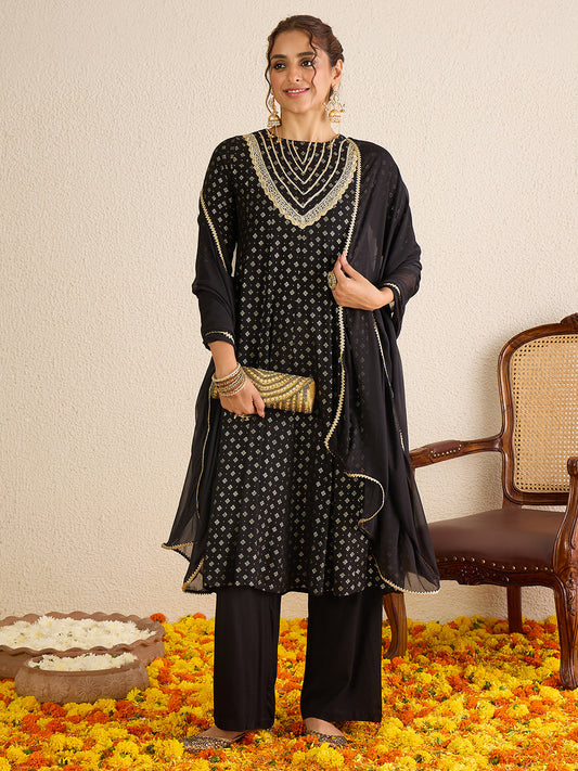 Janasya Women's Black Rayon Embellished Gold Foil Printed Anarkali Kurta Set