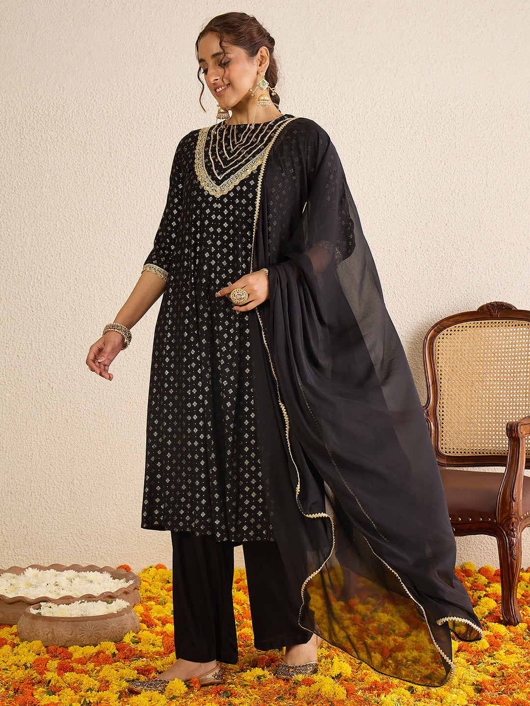 Janasya Women's Black Rayon Embellished Gold Foil Printed Anarkali Kurta Set