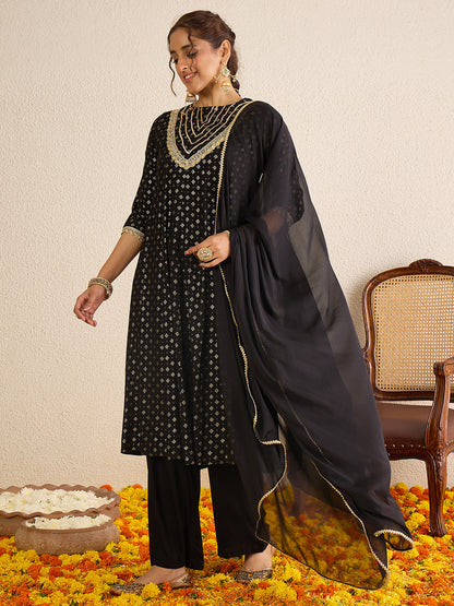 Janasya Women's Black Rayon Embellished Gold Foil Printed Anarkali Kurta Set