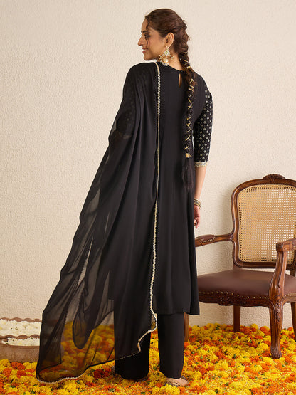 Janasya Women's Black Rayon Embellished Gold Foil Printed Anarkali Kurta Set