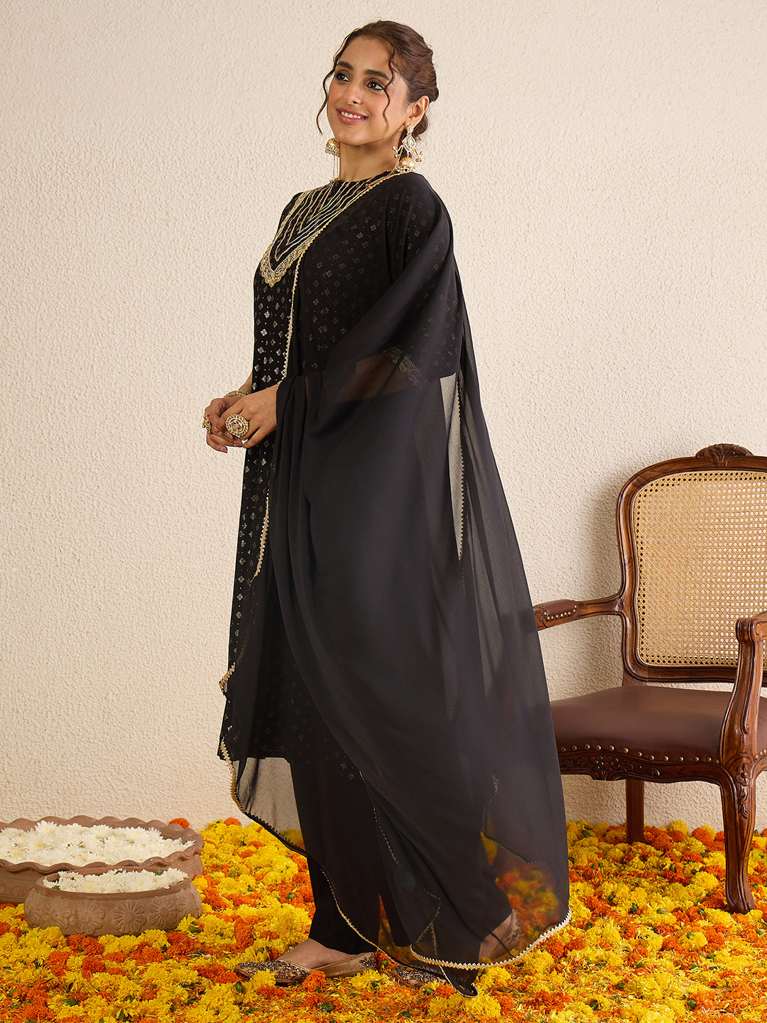Janasya Women's Black Rayon Embellished Gold Foil Printed Anarkali Kurta Set