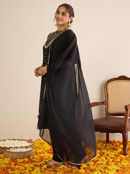 Janasya Women's Black Rayon Embellished Gold Foil Printed Anarkali Kurta Set