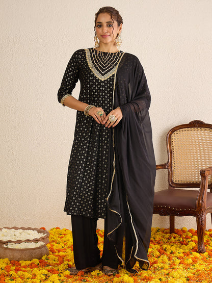Janasya Women's Black Rayon Embellished Gold Foil Printed Anarkali Kurta Set