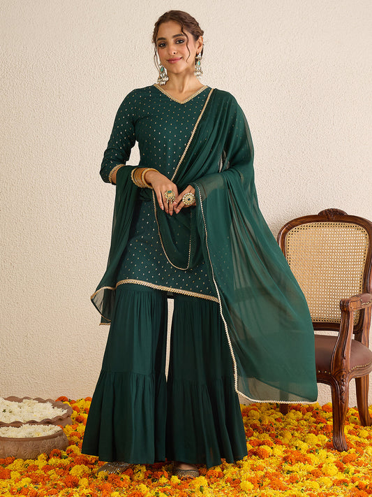 Janasya Women's Dark Green Rayon Embellished Foil Printed Kurta with Sharara and Dupatta Set