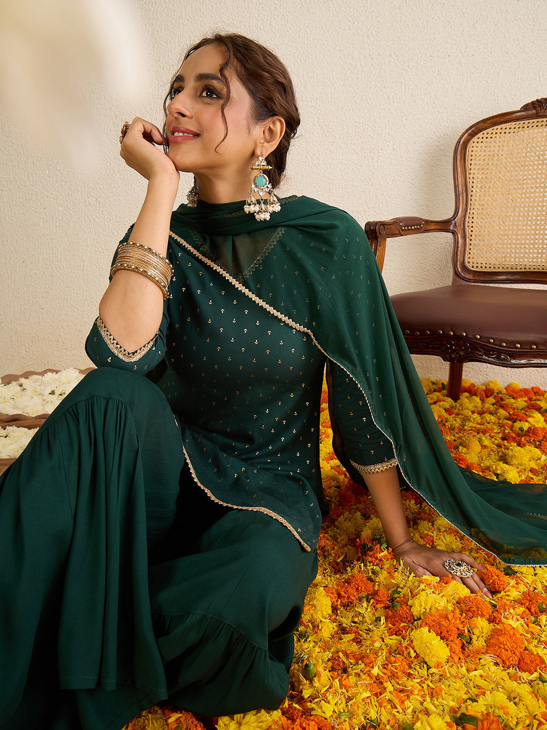Janasya Women's Dark Green Rayon Embellished Foil Printed Kurta with Sharara and Dupatta Set