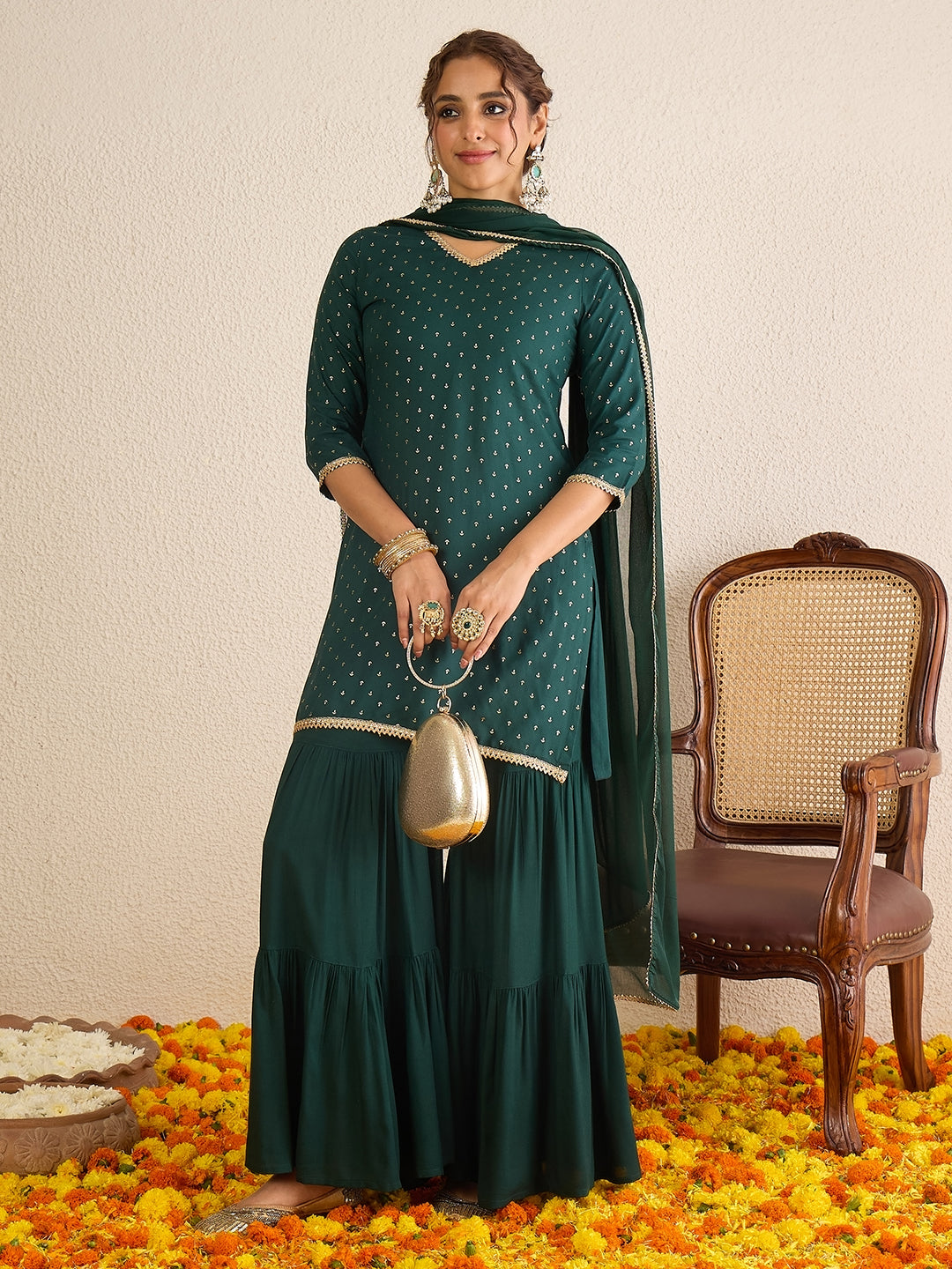Janasya Women's Dark Green Rayon Embellished Foil Printed Kurta with Sharara and Dupatta Set