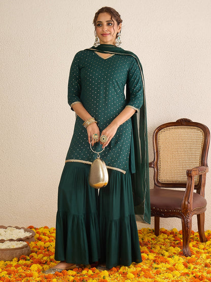Janasya Women's Dark Green Rayon Embellished Foil Printed Kurta with Sharara and Dupatta Set