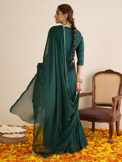 Janasya Women's Dark Green Rayon Embellished Foil Printed Kurta with Sharara and Dupatta Set