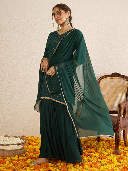 Janasya Women's Dark Green Rayon Embellished Foil Printed Kurta with Sharara and Dupatta Set