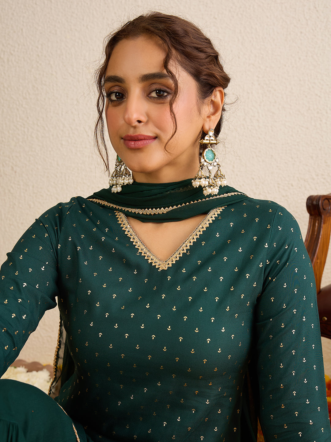 Janasya Women's Dark Green Rayon Embellished Foil Printed Kurta with Sharara and Dupatta Set